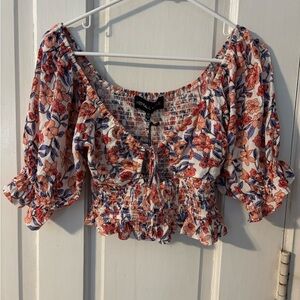 Kendall & Kylie White Floral Smocked Tie-Front Crop Top